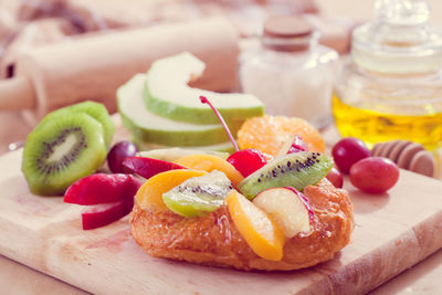 Close-up of fruits in plate on table