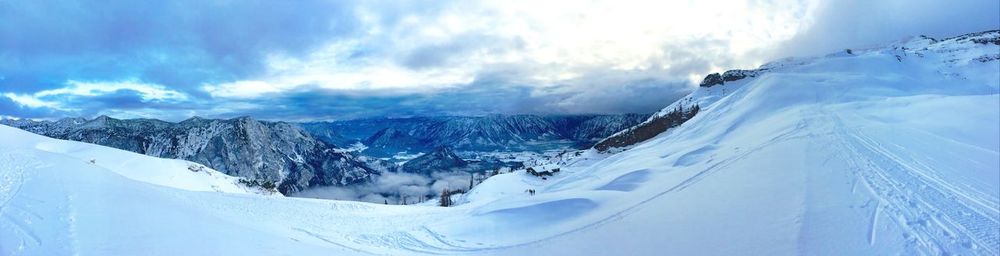 Scenic view of snow covered mountains