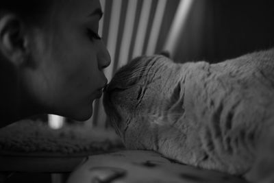 Close-up of woman kissing cat at home