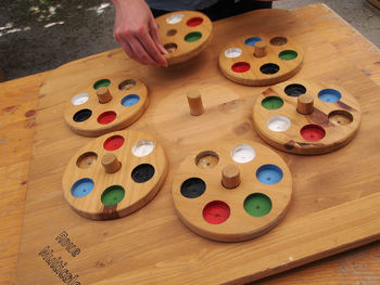 High angle view of multi colored candies on table