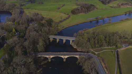 An aerial view of the bridges at crook o lune near lancaster in lancashire, uk