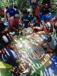 High angle view of people at market stall