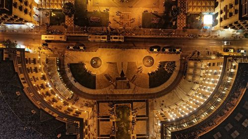 High angle view of illuminated buildings at night