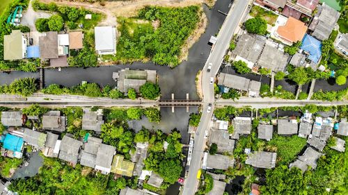 High angle view of street amidst buildings in city