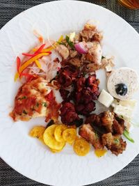 High angle view of food served on table