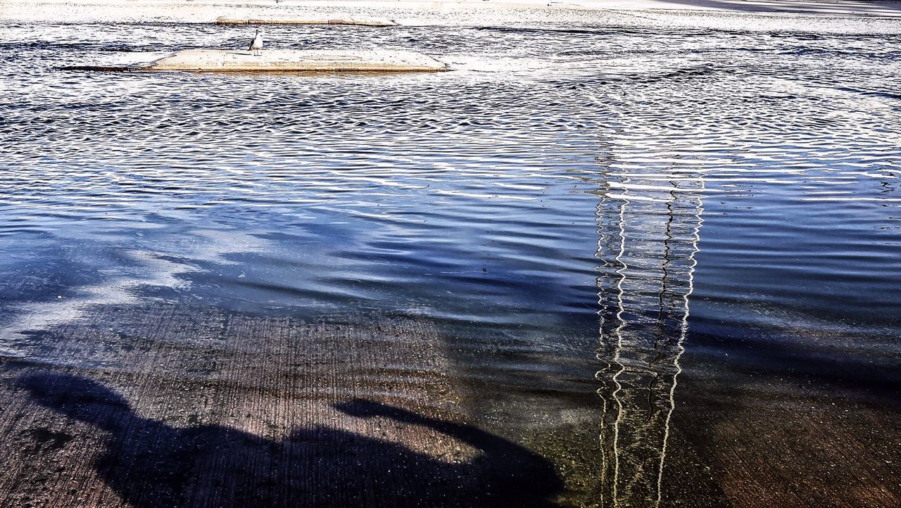 water, rippled, reflection, tranquility, waterfront, nature, high angle view, lake, river, outdoors, wet, tranquil scene, transportation, no people, winter, day, sea, beauty in nature, scenics, cold temperature