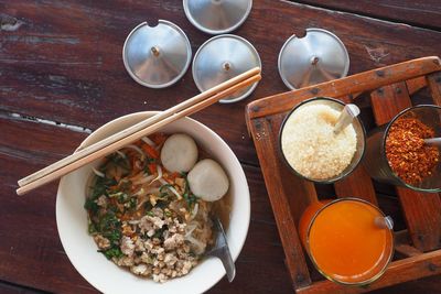 High angle view of breakfast served on table