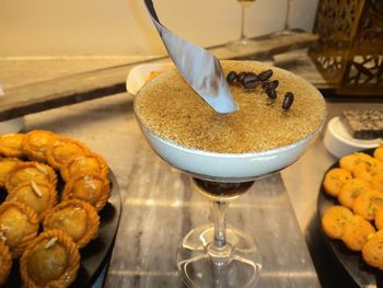 High angle view of dessert on table