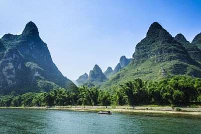 Scenic view of river and mountains against clear sky