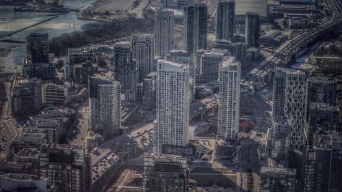 High angle view of buildings in city