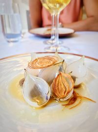 High angle view of food served on table