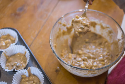 High angle view of dessert in bowl on table