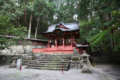 Traditional building against sky in forest