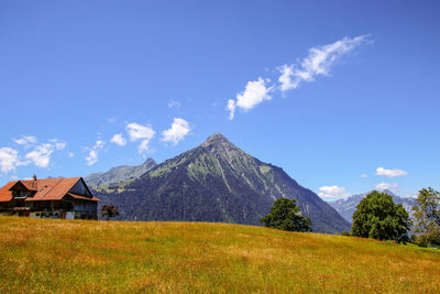 Houses on field against sky