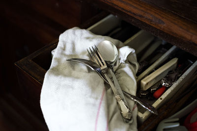 High angle view of white box on table at home