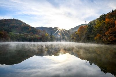 Scenic view of lake and mountains against sky