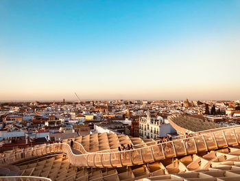 High angle view of townscape against sky during sunset