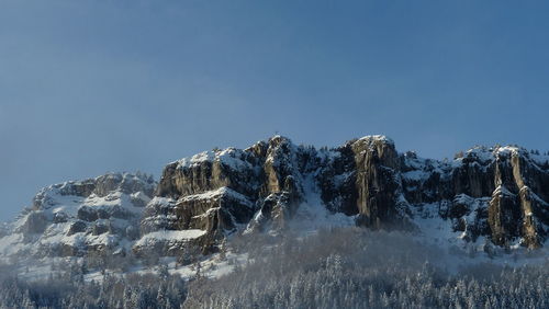 Low angle view of snowcapped mountain against sky