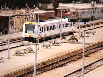 High angle view of train at railroad station