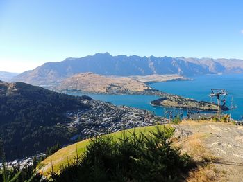 High angle view of sea against blue sky