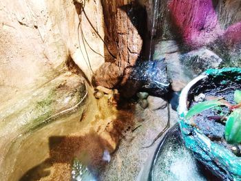 High angle view of water flowing through rocks