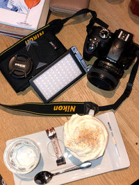 High angle view of coffee served on table