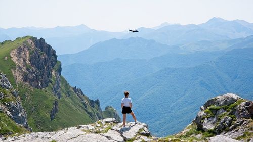 A woman looks at the landscape from the top of a mountain and a bird flies over her head