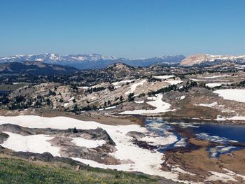 Scenic view of snowcapped mountains against clear sky