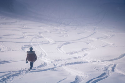 Rear view of person walking on snowcapped mountain