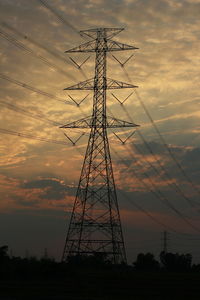 Electricity pylon against sky during sunset