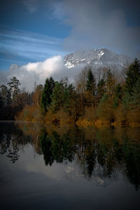 Scenic view of lake by trees against sky