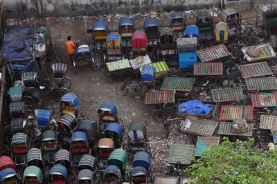 High angle view of people on street in city