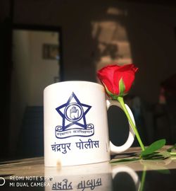 Close-up of red rose on table