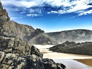 Scenic view of rocks in mountains against sky