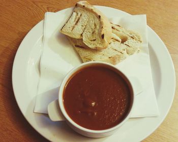 High angle view of breakfast in plate on table