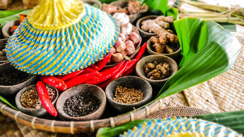 Close-up of spices in bowls