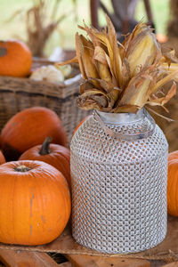 Close-up of pumpkins for sale