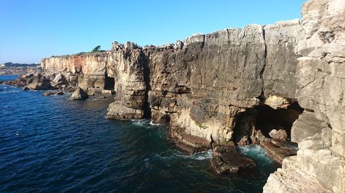 Rock formations in sea against clear blue sky