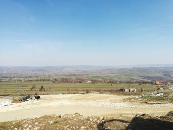 Scenic view of agricultural field against clear sky