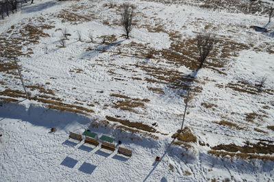 High angle view of snow covered land