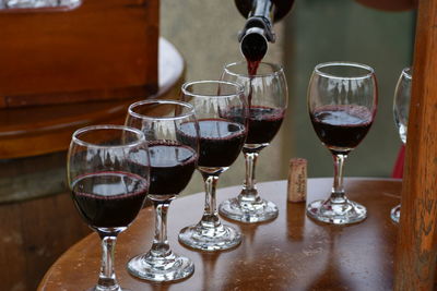 Close-up of wine glasses on table