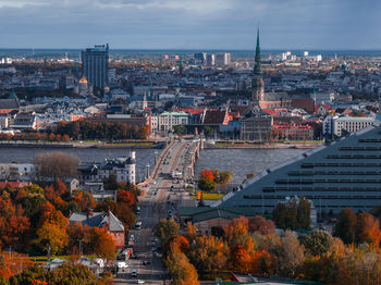 High angle view of buildings in city