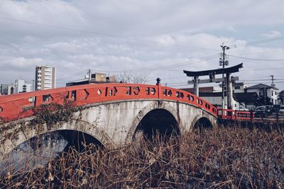 Train on bridge against sky