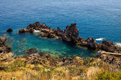 High angle view of rocks by sea