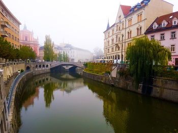 Bridge over canal amidst buildings against sky in city