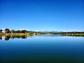 Scenic view of lake against clear blue sky