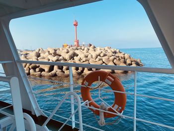 View from a boat of the blue sea against clear blue skies