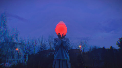 Person standing by illuminated trees against sky at night