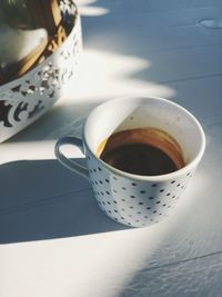 High angle view of coffee cup on table