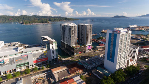 High angle view of buildings in city